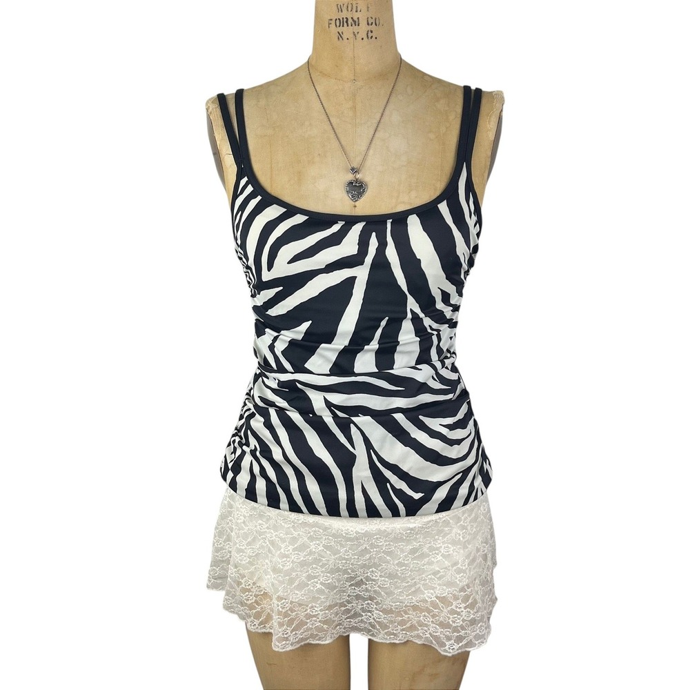 Y2K Trimshaper Tankini Top Zebra Print Ruched Women Size 10 Vintage